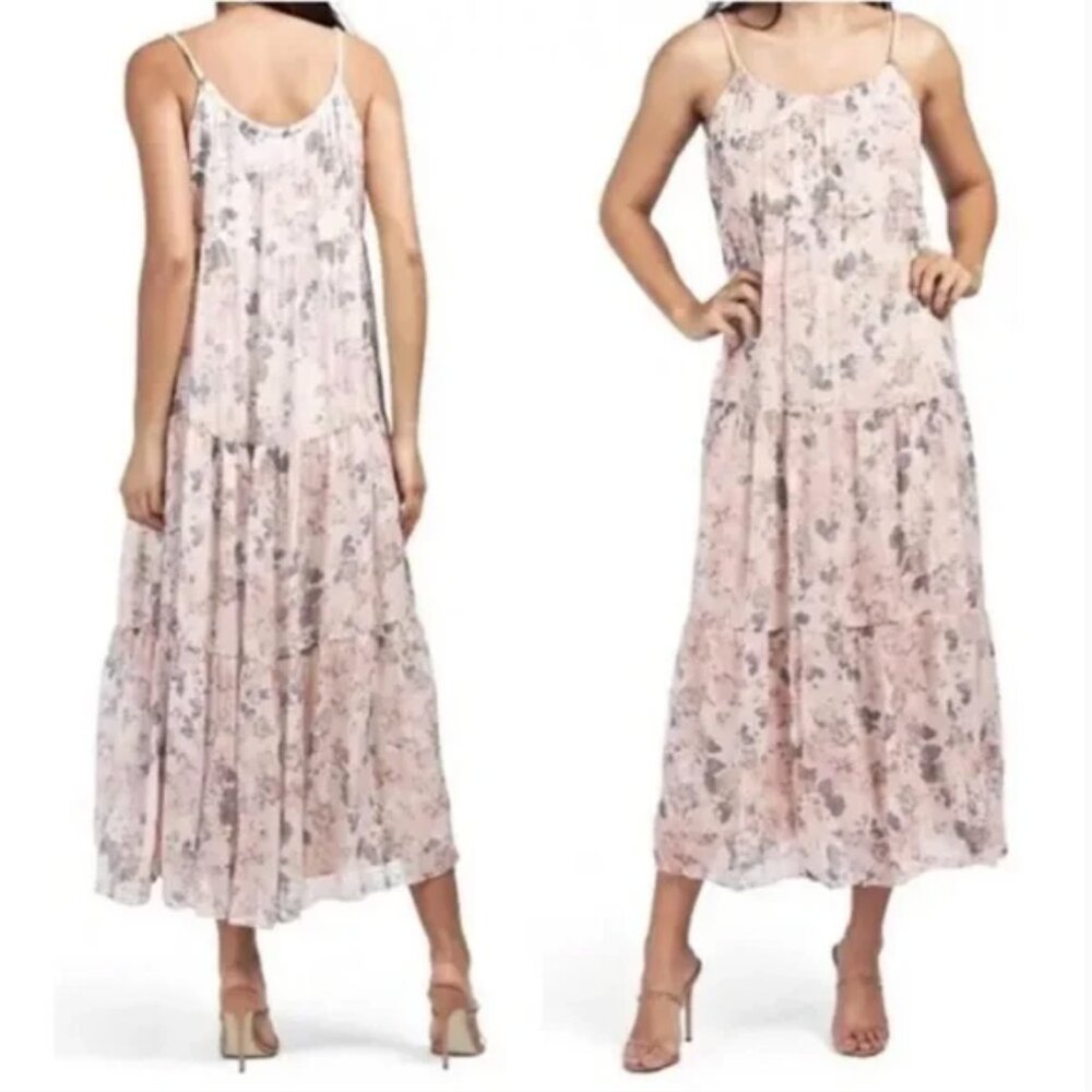 Elena Baldi Midi Dress XL Blush Pink Printed Halter Italy Silk Blend Tiered